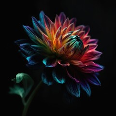 A colorful flower is lit up with a black background