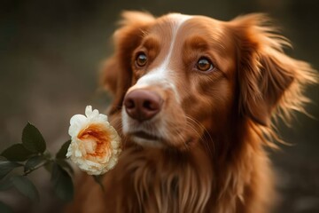 A dog with a flower in his mouth