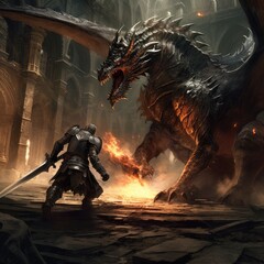 A dramatic and intense battle between a dragon and a man