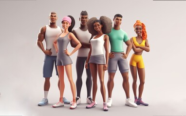 Fototapeta premium 3D cartoon cute multi ethnic characters athletes. Diverse group of fit people in sportswear while standing poses together in gym, exercise session, full body person isolated on white, ai generate