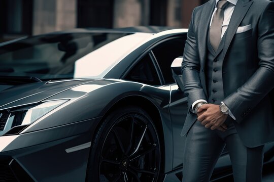 A closeup of a rich businessman standing in front of supercar