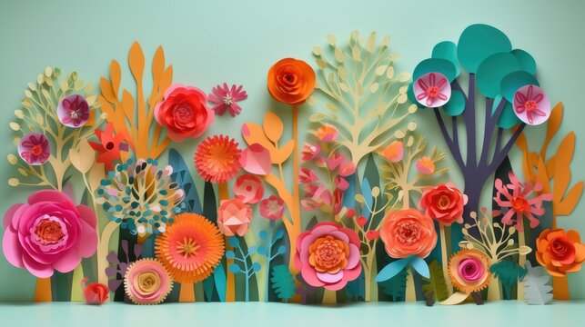 A colorful paper art of flowers and trees