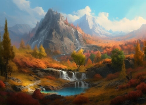 An enchanting autumn scene, where majestic mountains stands watch over a forest ablaze with leaves turning vibrant hues, painting a breathtaking canvas of fall colors.