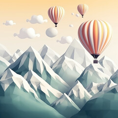 Mountain with air balloons and a sky with clouds