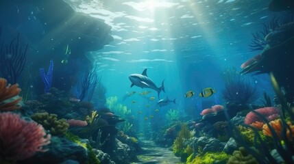 Fototapeta na wymiar Underwater adventure with mermaids dolphins