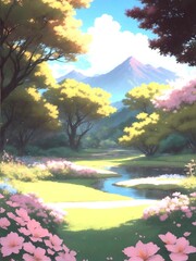 illustration of natural scenery in the forest with mountains background during the day, ai generate 