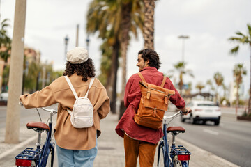 Rear view of a happy tourists on their trip in Europe visiting Barcelona.