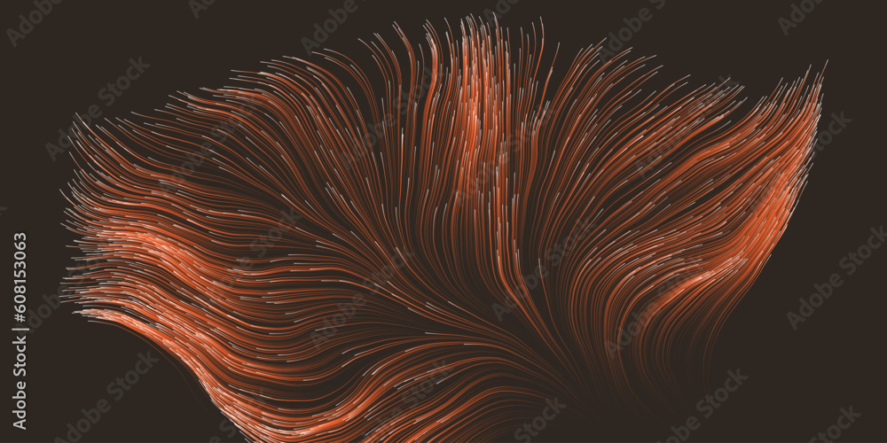 Poster golden brown lit moving, flowing stream of particles in curving, wavy lines - digitally generated fu