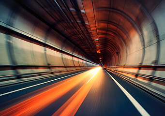Fototapeta na wymiar Fast moving car on highway, motion tunnel