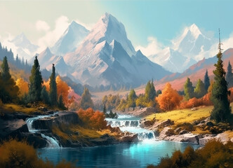 An enchanting autumn scene, where majestic mountains stands watch over a forest ablaze with leaves turning vibrant hues, painting a breathtaking canvas of fall colors.