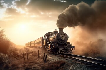 Obraz na płótnie Canvas a train going along railroad tracks adjacent to a forest as it travels. Generative AI