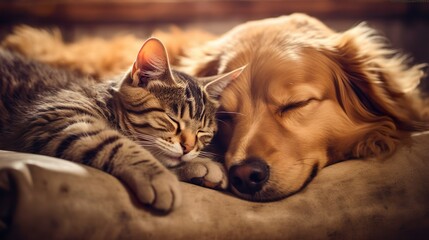 A dog and a cat sleeping hugging each other made with Ai generative technology - obrazy, fototapety, plakaty