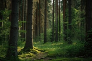 Fototapeta na wymiar Beautiful shot of a forest with tall green trees generative ai