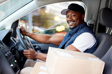 Portrait, box and black man with a delivery, vehicle and happiness with ecommerce, logistics and shipping. Face, male person and employee with a package, car and retail item with courier and supplier