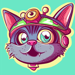 Digital art of a steampunk cat head with lenses and a cap. Smiling kitty vector wearing tech and robotic steam punk gadgets.