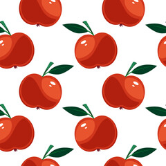 Vector cartoon pattern of whole red apples with leaves on white background
