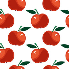 Vector cartoon pattern of whole red apples with leaves on white background