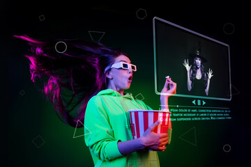 Futuristic banner collage of young lady visit modern high tech cinema watch premiere fantastic...