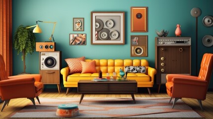 Retro living room interior. Generative AI