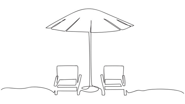 Continuous line drawing of beach umbrella and chairs. summer vacation concept. Vector illustration