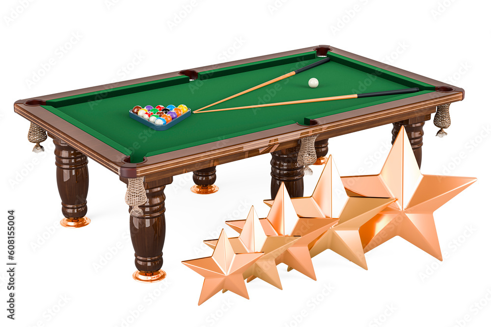 Poster billiard table with balls and cue with five golden stars, 3d rendering