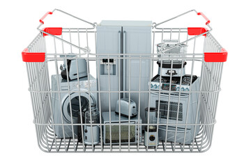 Kitchen and home appliance inside shopping basket, 3D rendering