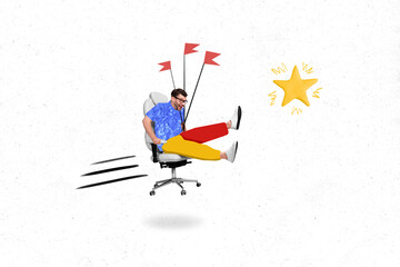 Illustration creative sketch collage of young ambitious man ride boss chair moving to finish...