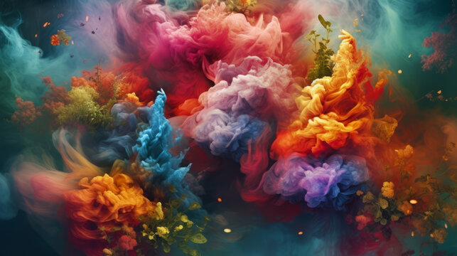 Colorful mindscape with a rainbow colored ink and flowers in water. Dreamy color explosion. Generative AI