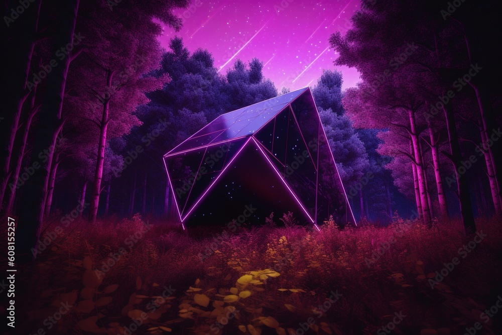 Poster a structure from the future smack dab in the midst of the woods generative ai