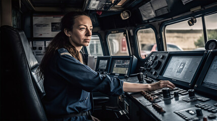 Female train driver. Generative AI - obrazy, fototapety, plakaty