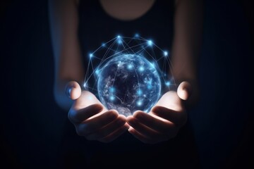 Abstract science circle global network connection in hands, Generative ai