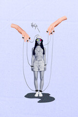 Psychedelic marionette collage of slave puppet funny woman depression falsification news zombie...
