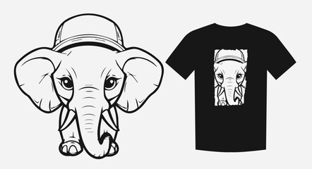 Adorable monochrome cartoon of a cute elephant calf. Perfect for prints, shirts, and logos. Playful and endearing. Vector illustration.