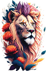 Lion head  with flower splash for T-shirt printing