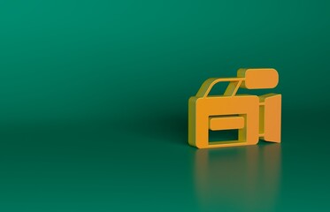 Orange Cinema camera icon isolated on green background. Video camera. Movie sign. Film projector. Minimalism concept. 3D render illustration