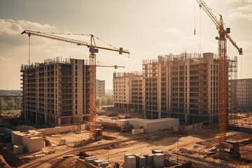 Construction site of new residential complex with cranes and building materials