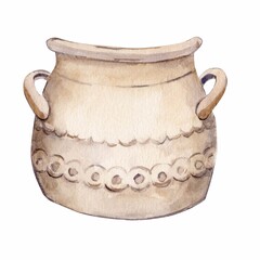 Flower pot made of clay on a white background. Vintage element for design. Watercolor illustration. Ceramic flower pot in Provence style.