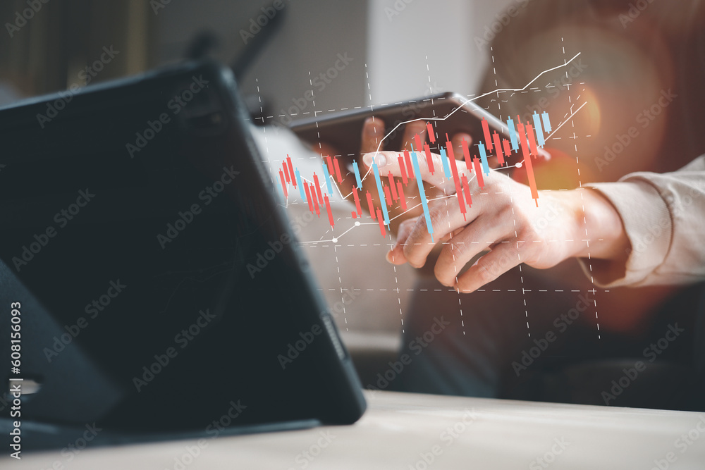 Aufkleber planning and strategy, stock market, trader or investor working at home. technical price graph and i
