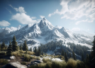 Obraz premium A pristine winter spectacle, featuring snow-capped mountains in their majestic grandeur, standing as silhouettes against the icy blue sky, embodying the silent serenity of the season