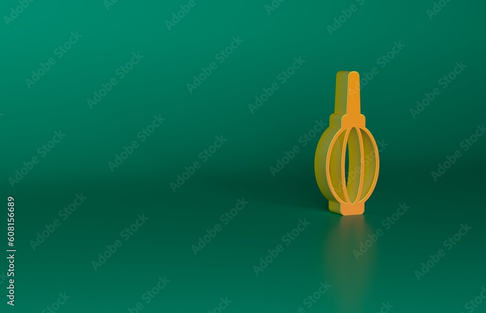 Sticker Orange Dust blower icon isolated on green background. Air duster. Lens cleaner. Camera sensor cleaning. Minimalism concept. 3D render illustration