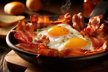 Fried egg in a pan with bacon, beautifully served and decorated generativ ai