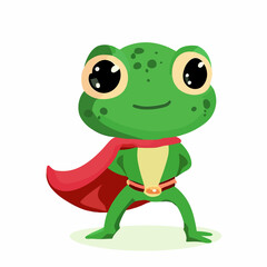 Cute little happy frog super hero, kids illustration, flat vector art