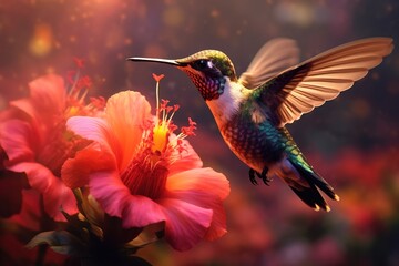 Kolibri der an einer Blume Essen sammelt und gerade am fliegen ist  generative Ai