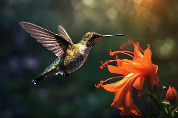Fototapeta na wymiar Kolibri der an einer Blume Essen sammelt und gerade am fliegen ist generative Ai