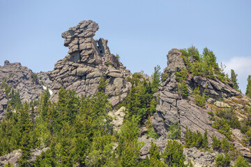 Fototapeta na wymiar Remnants pillars on Mount Zelenaya. Sheregesh, Russia,