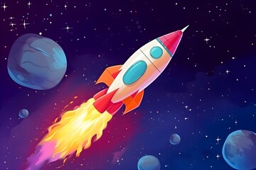 Obraz na płótnie Canvas Cartoon spaceship rocket in the galaxy, AI generated
