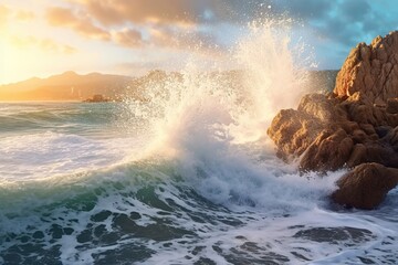 Welle die gegen einen Stand an der Küste schlägt und dabei spritzt, mit Sonnenuntergang im Hintergrund generative Ai