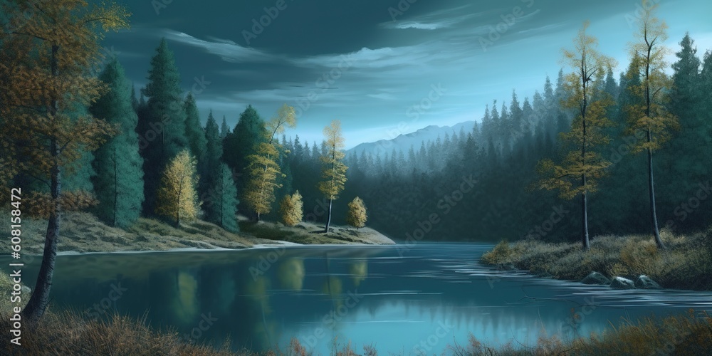 Wall mural an artwork depicting a lake that is encircled by trees generative ai