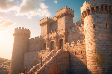 Strong fortress walls, medieval castle. Cinematic light, volumetric light, no people. Realistic environment made with Generative AI - obrazy, fototapety, plakaty
