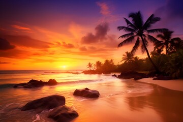 Fototapeta na wymiar Beautiful sunset with tropical landscape. Generative AI